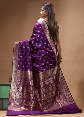 Royal purple katan silk saree with gold zari buta, banarasi border & woven pallu 3