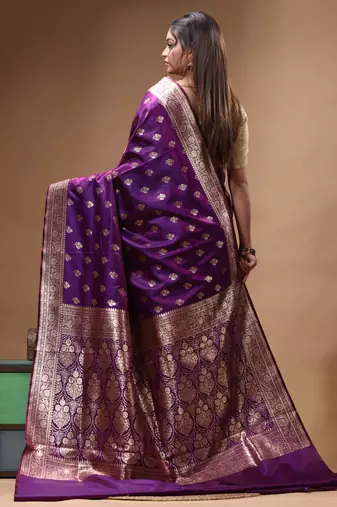 Royal purple katan silk saree with gold zari buta, banarasi border & woven pallu