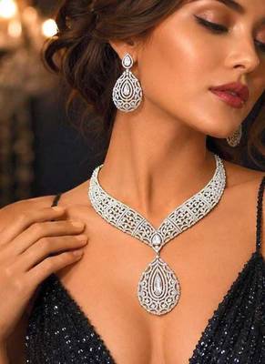 Cubic Zirconia Bridal Necklace Set, Silver Tone Teardrop Pendant Earrings, Prom Jewelry 1
