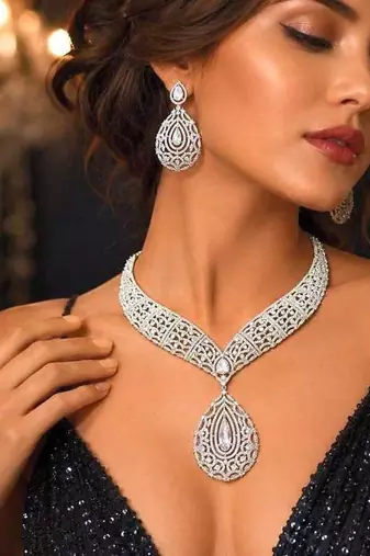 Cubic Zirconia Bridal Necklace Set, Silver Tone Teardrop Pendant Earrings, Prom Jewelry