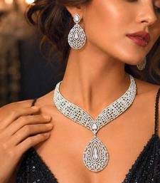 Cubic Zirconia Bridal Necklace Set, Silver Tone Teardrop Pendant Earrings, Prom Jewelry