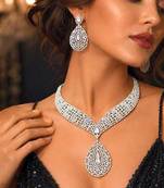 Cubic Zirconia Bridal Necklace Set, Silver Tone Teardrop Pendant Earrings, Prom Jewelry