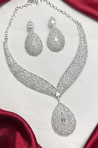 Cubic Zirconia Bridal Necklace Set, Silver Tone Teardrop Pendant Earrings, Prom Jewelry
