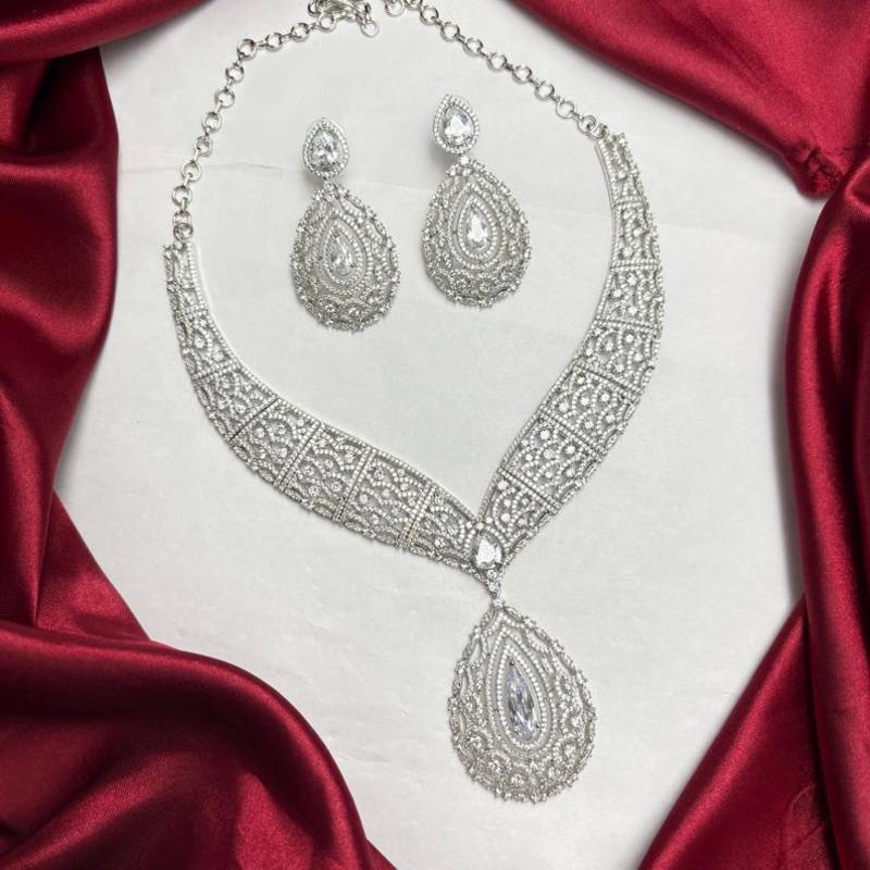 Cubic Zirconia Bridal Necklace Set, Silver Tone Teardrop Pendant Earrings, Prom Jewelry