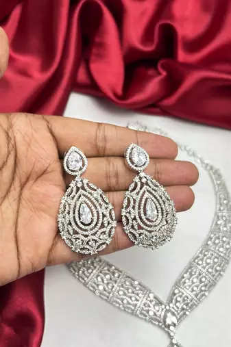 Cubic Zirconia Bridal Necklace Set, Silver Tone Teardrop Pendant Earrings, Prom Jewelry