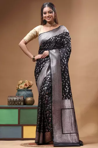 black mashru silk blend saree with silver zari weaving & woven border