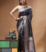 black mashru silk blend saree with silver zari weaving & woven border