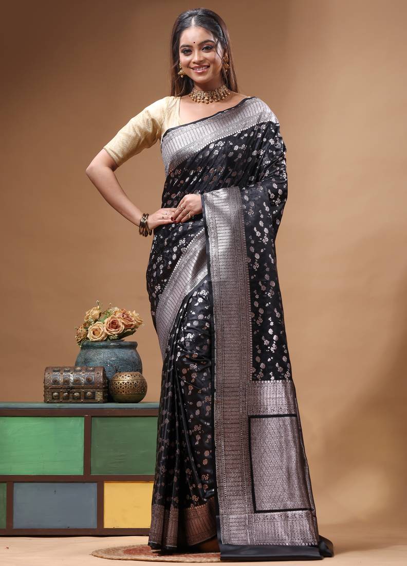 black mashru silk blend saree with silver zari weaving & woven border