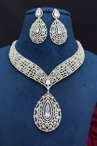 Cubic Zirconia Bridal Necklace Set, Silver Tone Teardrop Pendant Earrings, Prom Jewelry