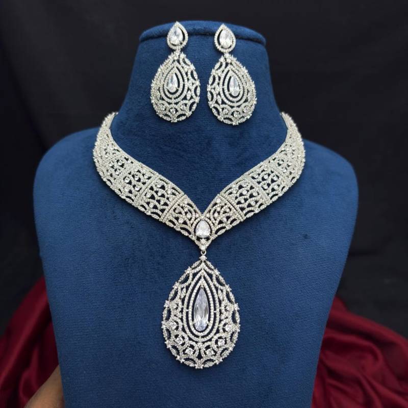 Cubic Zirconia Bridal Necklace Set, Silver Tone Teardrop Pendant Earrings, Prom Jewelry