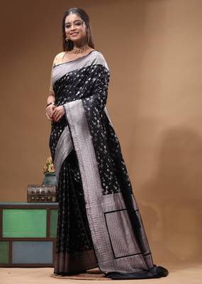 black mashru silk blend saree with silver zari weaving & woven border 2