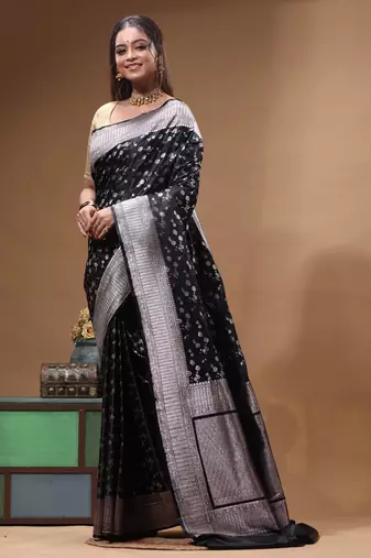 black mashru silk blend saree with silver zari weaving & woven border