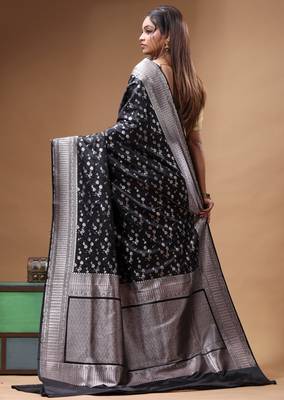black mashru silk blend saree with silver zari weaving & woven border 3