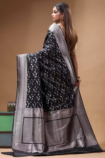 black mashru silk blend saree with silver zari weaving & woven border