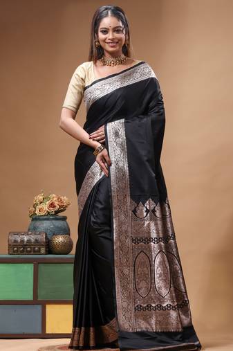 Black katan silk saree with silver zari banarasi border & woven pallu