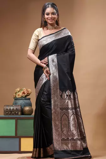 Black katan silk saree with silver zari banarasi border & woven pallu