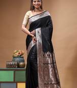 Black katan silk saree with silver zari banarasi border & woven pallu
