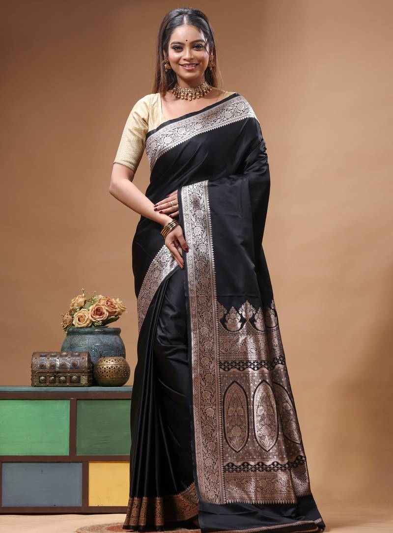 Black katan silk saree with silver zari banarasi border & woven pallu