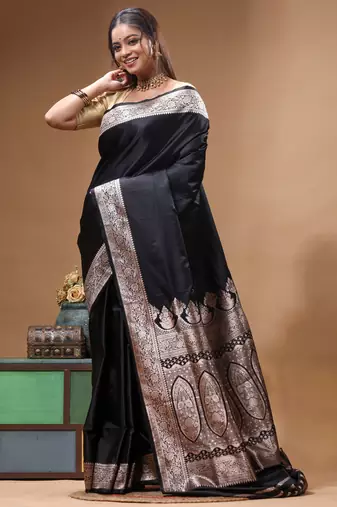 Black katan silk saree with silver zari banarasi border & woven pallu