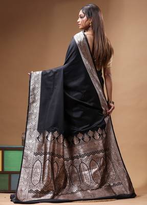 Black katan silk saree with silver zari banarasi border & woven pallu 3