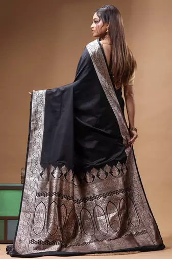 Black katan silk saree with silver zari banarasi border & woven pallu