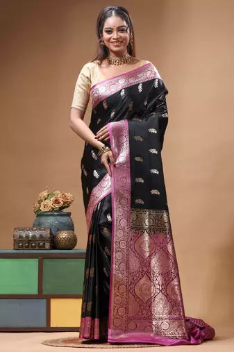 Black katan silk saree with pink & gold banarasi zari border and grand pallu