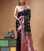 Black katan silk saree with pink & gold banarasi zari border and grand pallu