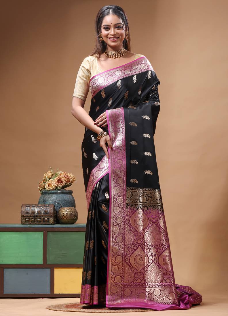 Black katan silk saree with pink & gold banarasi zari border and grand pallu