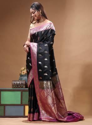 Black katan silk saree with pink & gold banarasi zari border and grand pallu 2