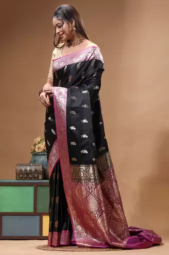 Black katan silk saree with pink & gold banarasi zari border and grand pallu