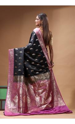 Black katan silk saree with pink & gold banarasi zari border and grand pallu 3