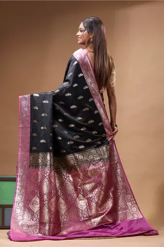 Black katan silk saree with pink & gold banarasi zari border and grand pallu