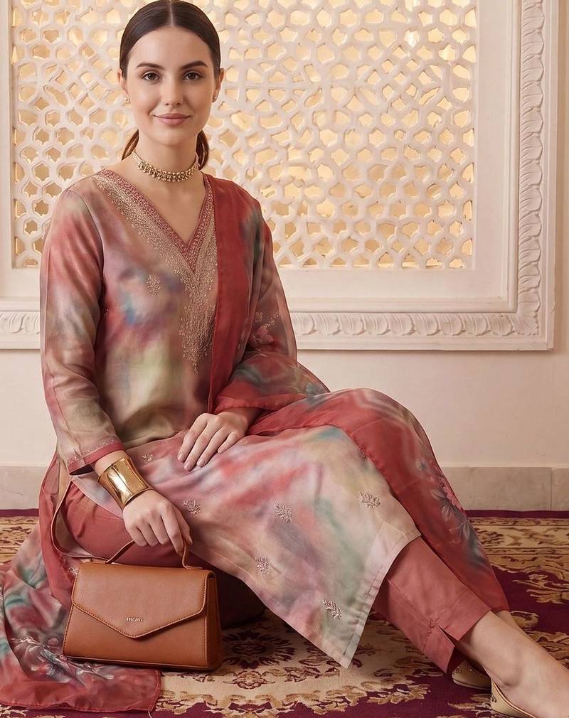 Women Dyed Regular Thread Work Kurta with Trousers & With Dupatta