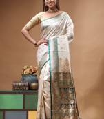 Off-white katan silk saree with gold zari woven border & green contrasting border