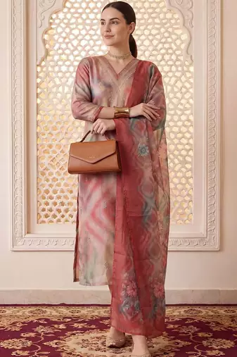 Women Dyed Regular Thread Work Kurta with Trousers & With Dupatta