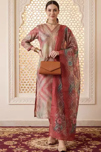 Women Dyed Regular Thread Work Kurta with Trousers & With Dupatta