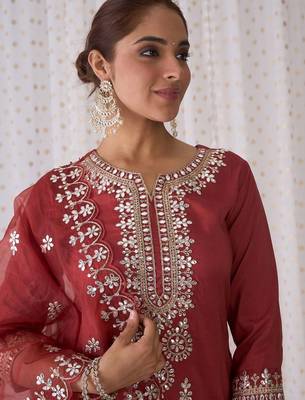 Ethnic Motifs Embroidered Notched Neck Straight Kurta with Trousers & Dupatta 2