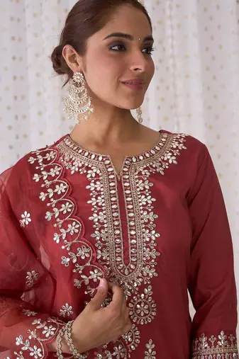 Ethnic Motifs Embroidered Notched Neck Straight Kurta with Trousers & Dupatta