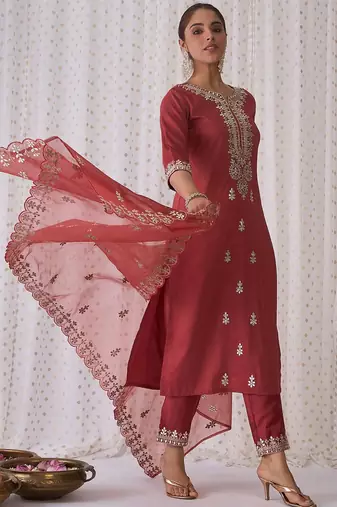 Ethnic Motifs Embroidered Notched Neck Straight Kurta with Trousers & Dupatta