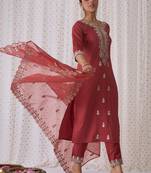 Ethnic Motifs Embroidered Notched Neck Straight Kurta with Trousers & Dupatta
