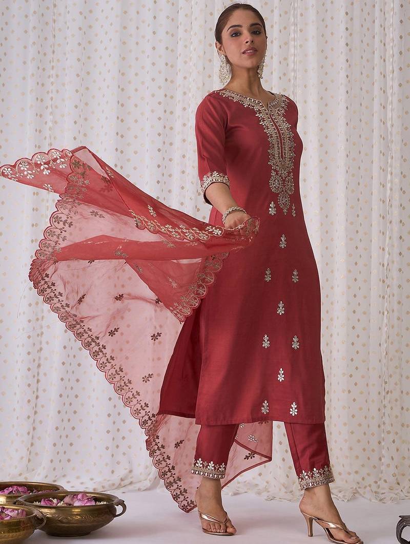 Ethnic Motifs Embroidered Notched Neck Straight Kurta with Trousers & Dupatta