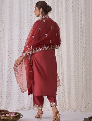 Ethnic Motifs Embroidered Notched Neck Straight Kurta with Trousers & Dupatta 5