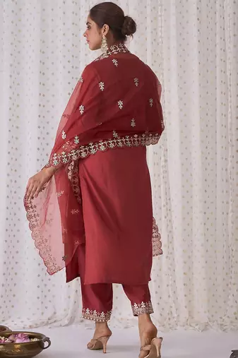 Ethnic Motifs Embroidered Notched Neck Straight Kurta with Trousers & Dupatta