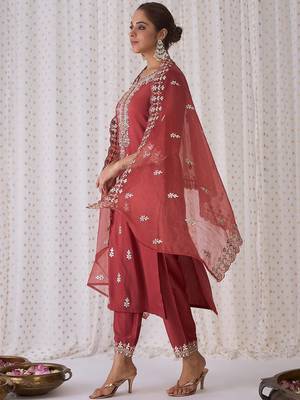 Ethnic Motifs Embroidered Notched Neck Straight Kurta with Trousers & Dupatta 6