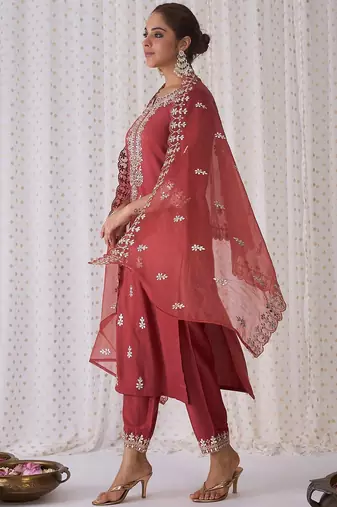 Ethnic Motifs Embroidered Notched Neck Straight Kurta with Trousers & Dupatta