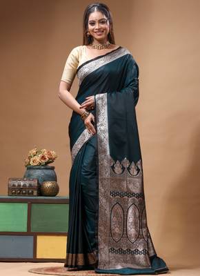 Deep teal katan silk saree with silver zari banarasi border & woven pallu 1