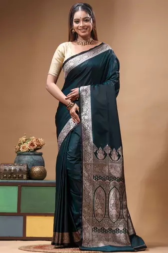 Deep teal katan silk saree with silver zari banarasi border & woven pallu