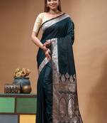 Deep teal katan silk saree with silver zari banarasi border & woven pallu