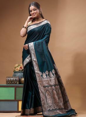 Deep teal katan silk saree with silver zari banarasi border & woven pallu 2
