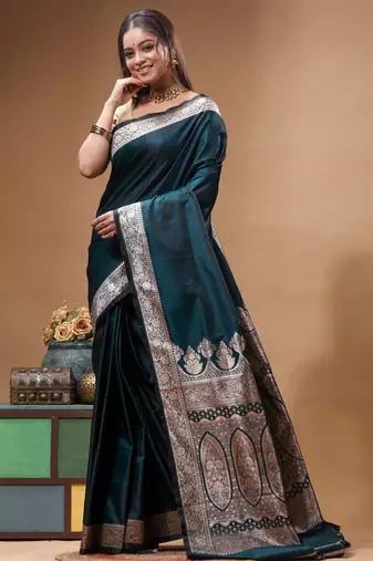 Deep teal katan silk saree with silver zari banarasi border & woven pallu